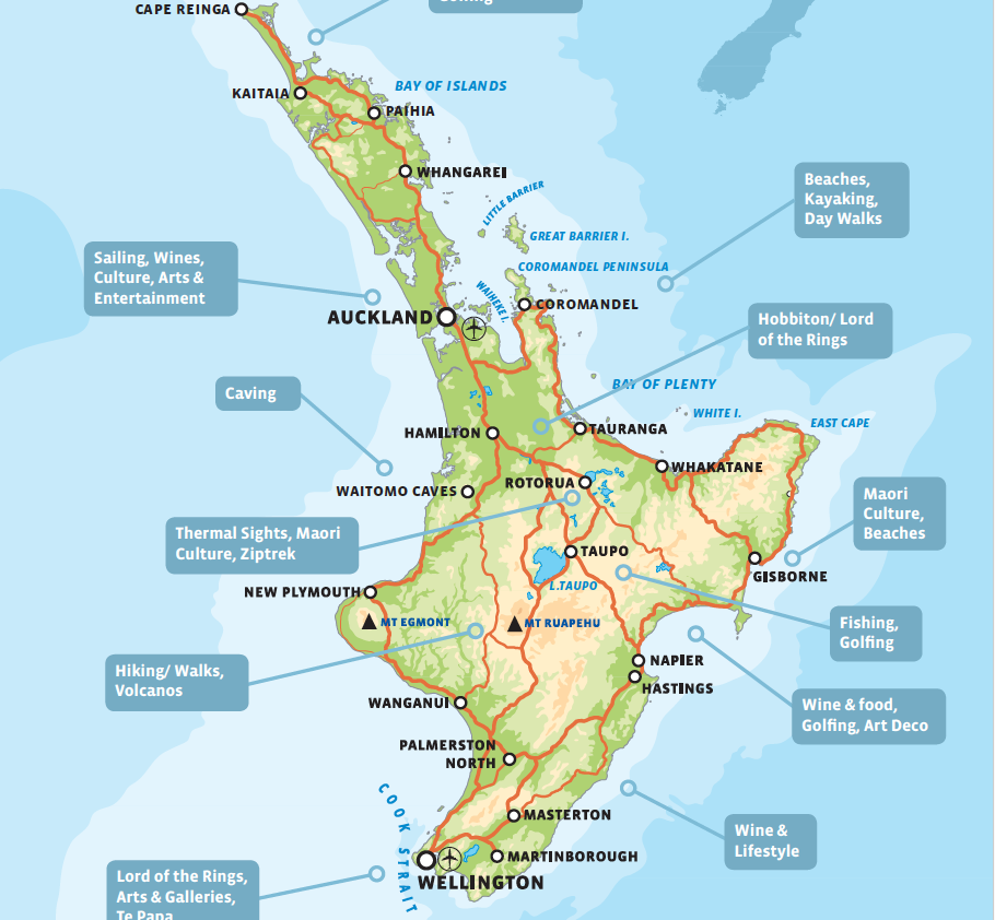 north island map of new zealand with things to do and see